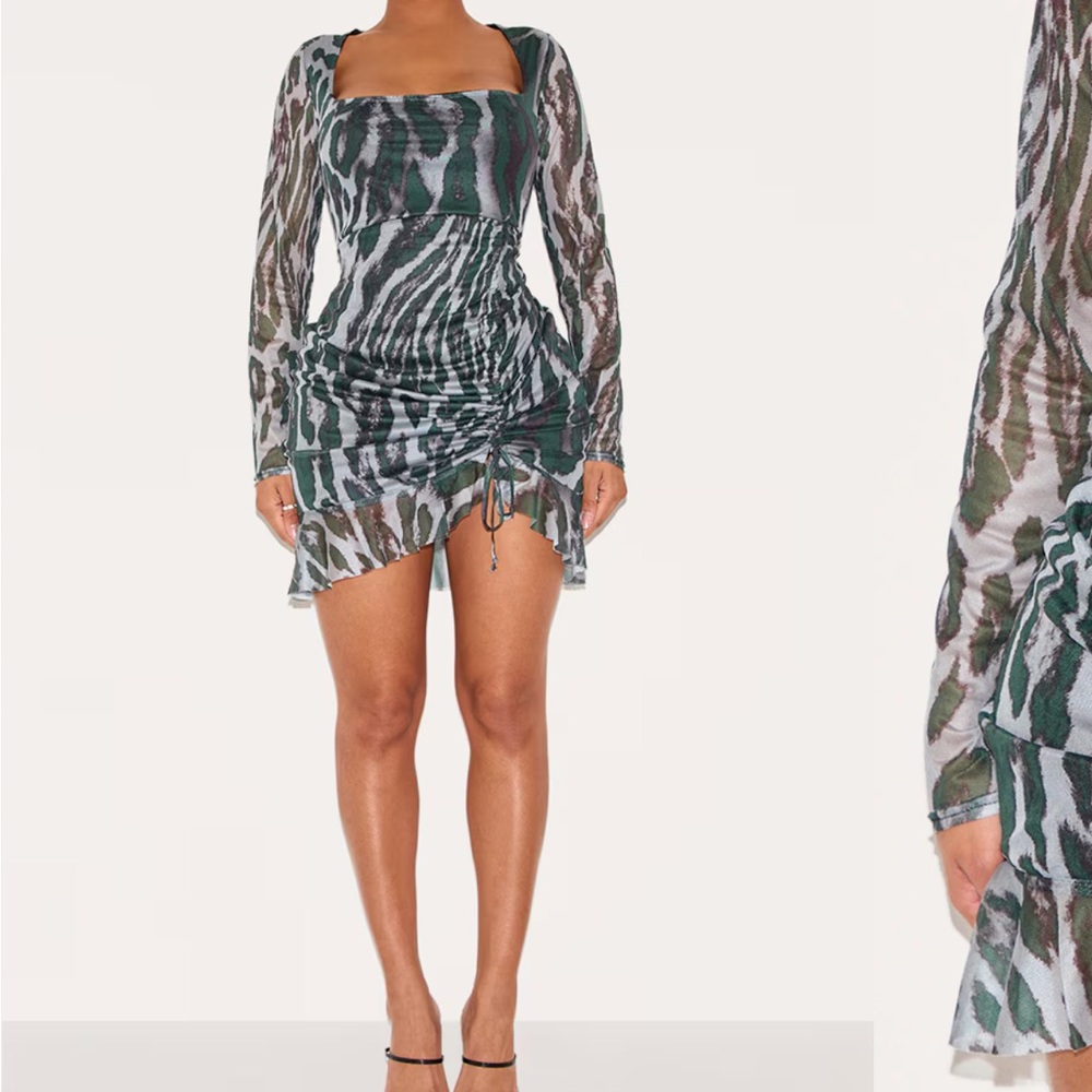 NEW Pretty Little Thing Green Print Mesh Long Sleeve Ruched Side Frill Dress
